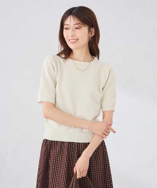 a.v.v(アーヴェヴェ)の「ラメベロアモールヤーンハーフスリーブトップス(ニット/セーター・レディース・アイボリー/ブラック・39)」の6枚目の写真