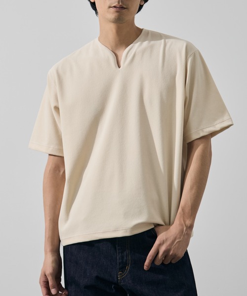 KEY TIMEZ(キータイムズ)の「【KEY TIMEZ/キータイムズ】マイクロパイルキーネックTee(Tシャツ/カットソー・メンズ・キナリ/ダークネイビー/ブルー・2/1)」の2枚目の写真
