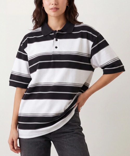 INNOCENT(イノセント)の「【T23】【Cal Top/キャルトップ】STRIPE POLO SHIRTS(ポロシャツ・レディース・ブラック・LARGE)」の1枚目の写真