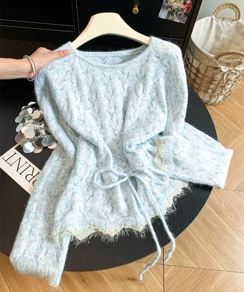 AMAJI（アマジ）の「ウエストマーク クロシェ編み ニットトップス（ニット/セーター・レディース・グレー/ベージュ/ライトブルー・FREE）」の3枚目の写真