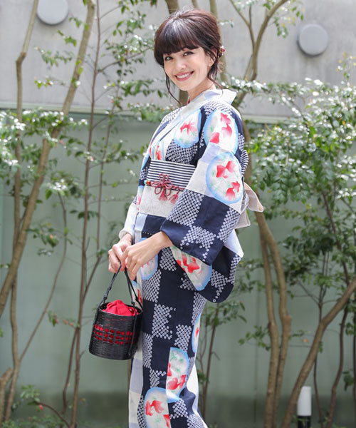 C R E A M クリーム の Rina 19京都浴衣セット 金魚柄 市松 赤 紺 白 白地 浴衣 帯 平帯 下駄 その他 8点セット 浴衣 Wear