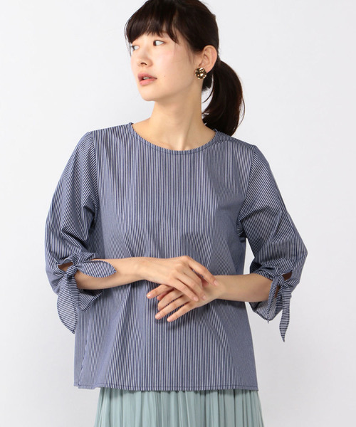 Petit Honfleur(プチオンフルール)の「【COOLER TOUCHシリーズ】リボンスリーブプルオーバー(Tシャツ/カットソー・レディース・ネイビー/ブルー/ベージュ・M size/L size)」の2枚目の写真