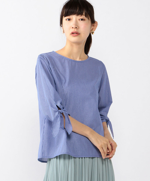 Petit Honfleur(プチオンフルール)の「【COOLER TOUCHシリーズ】リボンスリーブプルオーバー(Tシャツ/カットソー・レディース・ネイビー/ブルー/ベージュ・M size/L size)」の3枚目の写真