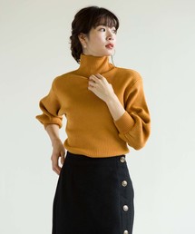 袖ボリュームボトルネックリブニット