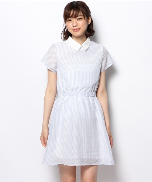 Chico(チコ)の「ストライプ衿付シャツOP(ワンピース・レディース・ブルー・FREE)」の3枚目の写真