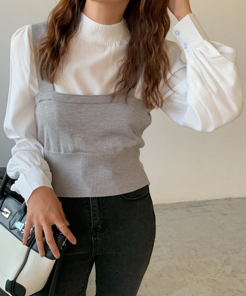 Girly Doll(ガーリードール)の「ベストビスチェ×ブラウスセットアップ 2枚セット(シャツ/ブラウス・レディース・ブラック/ベージュ/グレー/グレー系その他/ブラック系その他/キャメル/ブラック系その他2/グレー系その他2/イエロー系その他・FREE)」の6枚目の写真