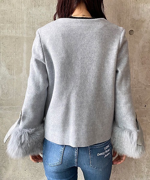 新品タグ付✨ダイアグラム ノーカラーシャギージャケット フォックスファー2way アウトレット】2wayストレッチ トロピカルノーカラージャケット