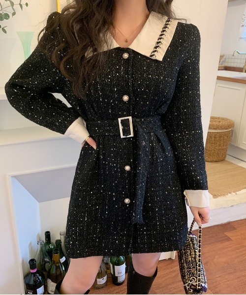 chuu（チュー）の「CHUU ツイードミニワンピ（ワンピース・レディース・ブラック・FREE）」の2枚目の写真