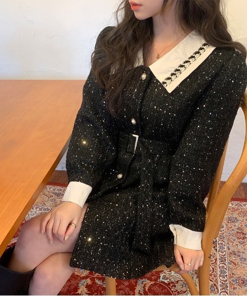 chuu（チュー）の「CHUU ツイードミニワンピ（ワンピース・レディース・ブラック・FREE）」の3枚目の写真