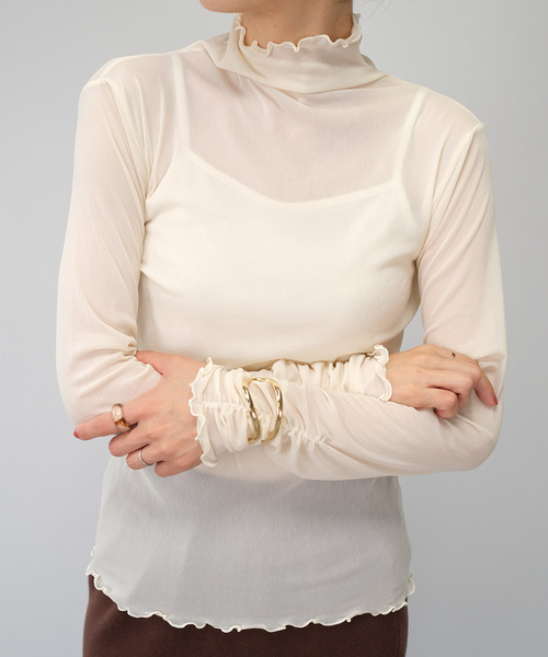 ＡＮＤＪ（アンドジェイ）の「袖シャーリングハイネックシアートップス（Tシャツ/カットソー・レディース・グリーン/ブラウン/ブラック/ピンク/グリーン系その他/ピンク系その他/アイボリー/レッド/ブルー/イエロー・M）」の2枚目の写真