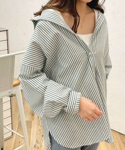 apres jour（アプレジュール）の「ストライプルーズシャツ【ZOZOTOWN限定アイテム】（シャツ/ブラウス・レディース・グリーン系その他/ネイビー/ライトピンク/ライトグレー・X-LARGE/フリー）」の3枚目の写真