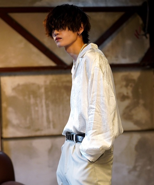 G.O.C（ジーオーシー）の「ペイズリー ジャガード オープン カラー サテンシャツ（シャツ/ブラウス・メンズ・ホワイト/ブラック/ブルーグリーン・MEDIUM/LARGE）」の4枚目の写真