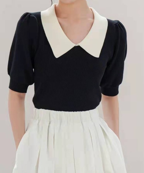 MANGROVE（マングローブ）の「ビッグカラーニット（Tシャツ/カットソー・レディース・ホワイト/ブラック/グリーン・FREE）」の2枚目の写真