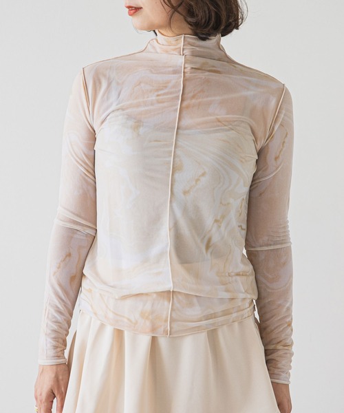 シアーマーブル柄　ドッキングカットソー Lace Ladies タイダイ柄 シアー カットソー レディース トップス