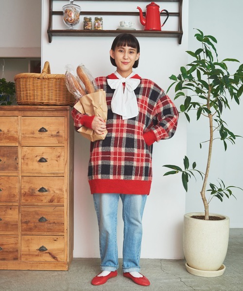 CHILD WOMAN(チャイルドウーマン)の「モヘヤ混タータンチェック BIG プルオーバー(ニット/セーター・レディース・レッド/ネイビー・FREE)」の7枚目の写真