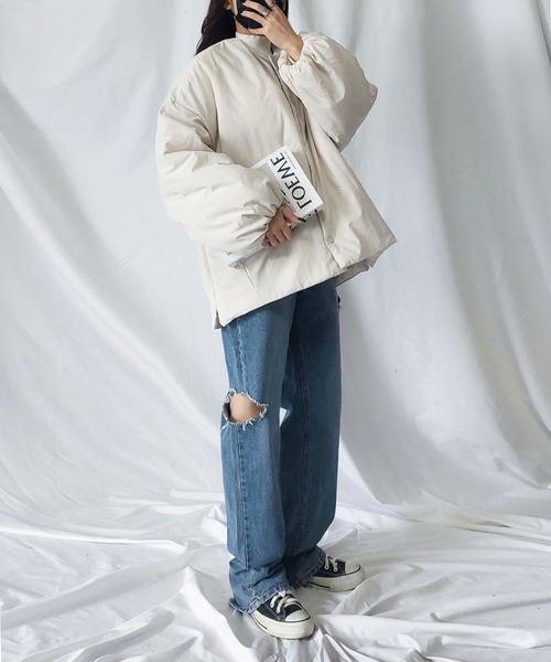 me+em select（ミームセレクト）の「ノーカラージップスリットマットナイロンダウンジャケット（ブルゾン・レディース・ブラック/カーキ/アイボリー・MEDIUM）」の10枚目の写真