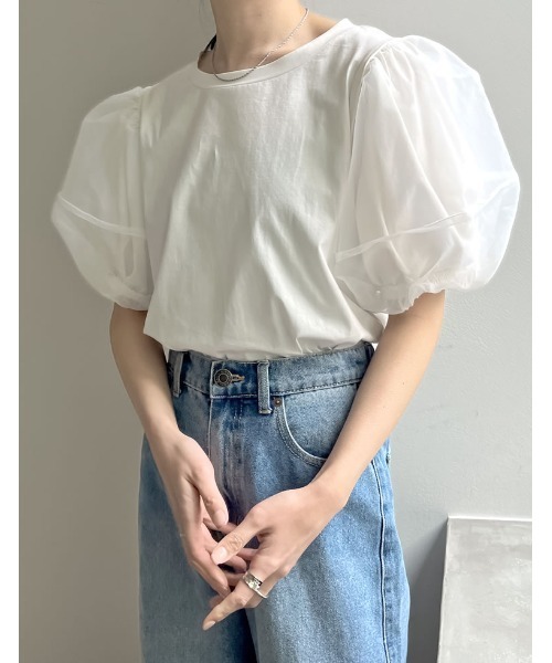 Re:EDIT（リエディ）の「オーガンジースリーブ半袖トップス（Tシャツ/カットソー・レディース・ブラック/ホワイト・LARGE/MEDIUM）」の3枚目の写真