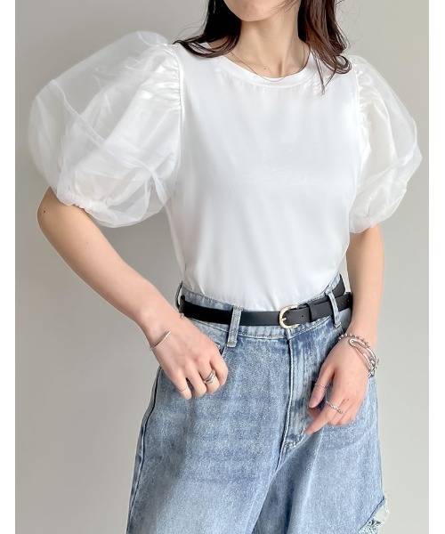 Re:EDIT（リエディ）の「オーガンジースリーブ半袖トップス（Tシャツ/カットソー・レディース・ブラック/ホワイト・LARGE/MEDIUM）」の7枚目の写真