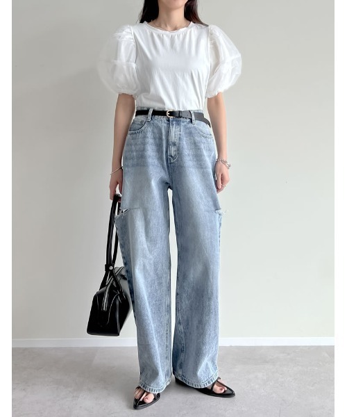 Re:EDIT（リエディ）の「オーガンジースリーブ半袖トップス（Tシャツ/カットソー・レディース・ブラック/ホワイト・LARGE/MEDIUM）」の6枚目の写真