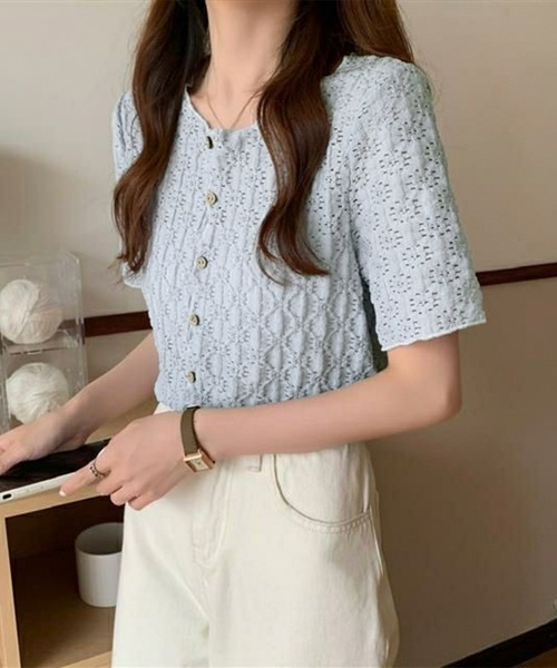 Chaco closet(チャコ クローゼット)の「フラワーレース配色コンパクトブラウス(シャツ/ブラウス・レディース・ホワイト/ライトブルー・FREE)」の19枚目の写真
