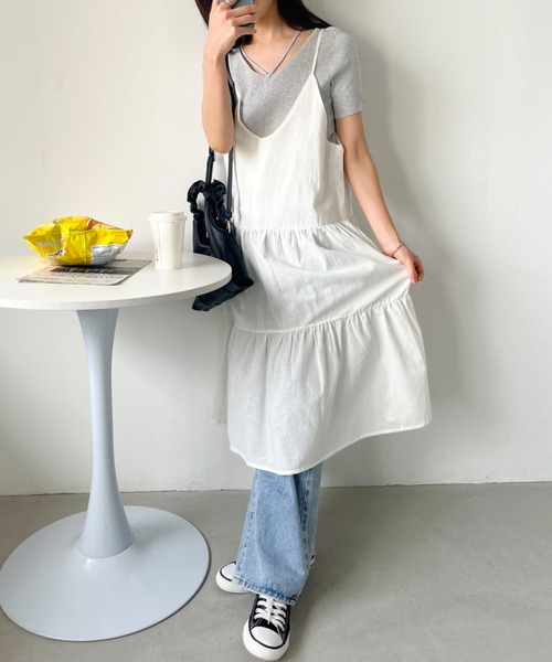 CLEA（クレア）の「コットンティアードロングチュニック キャミワンピース（ワンピース・レディース・ホワイト/ブラック・FREE）」の8枚目の写真