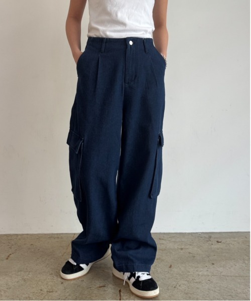 流行に  wide kago denim pants ワイドカーゴデニムパンツ made in INTER パンツ