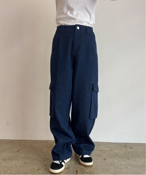 カーゴパンツ HUE Name Cargo Denim Pants (3 colors) BBU339 セール】wide kago denim pants ワイドカーゴデニムパンツ made