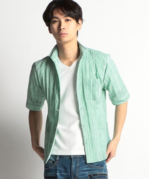 HIDEAWAYS NICOLE（ハイダウェイニコル）の「カラープリーツ５分袖シャツ（シャツ/ブラウス・メンズ・ミント/ブラック/ネイビー/グレー・MEDIUM/X-LARGE/LARGE）」の4枚目の写真