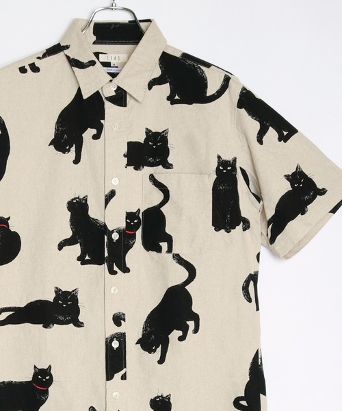 日本製 ネコ柄 ルーズサイズ 総柄半袖シャツ（シャツ/ブラウス