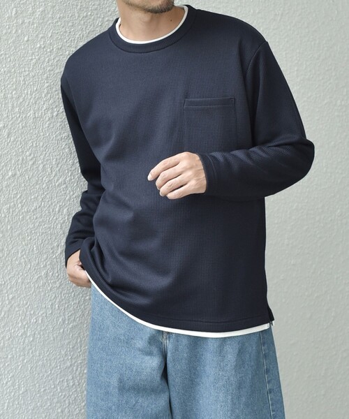 SHIPS any(シップス エニィ)の「SHIPS any: パールワッフル フェイクレイヤード Tシャツ (ロンT)◇(Tシャツ/カットソー・メンズ・オリーブ/ベージュ/グレー/ダークグレー/ネイビー/ナチュラル・LARGE/X-LARGE/SMALL/MEDIUM)」の1枚目の写真