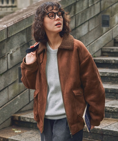 ジャケット・アウター monoa セール】ボア襟付きフェイクムートン ミリタリーブルゾン/フライト