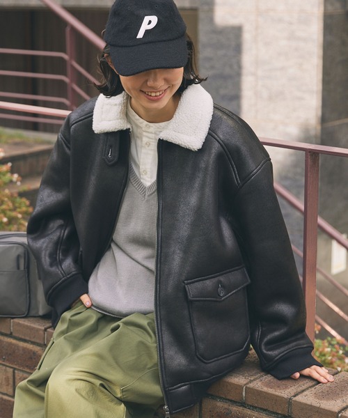 セール】ボア襟付きフェイクムートン ミリタリーブルゾン/フライト