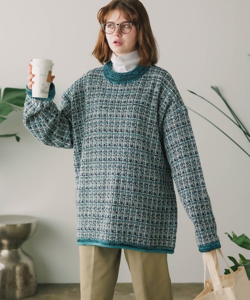 Culto(クルト)の「TWEED パターン クルーネックニット(ニット/セーター・レディース・グリーン/ブルー/ブラック・M/L)」の2枚目の写真