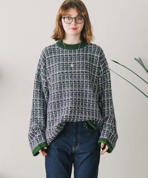 TWEED パターン クルーネックニット
