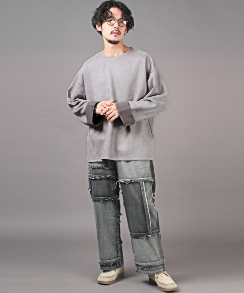 LUXSTYLE（ラグスタイル）の「スエードポンチ切替ロンT（Tシャツ/カットソー・メンズ・ダークグレー/グレイッシュベージュ・L/M）」の6枚目の写真