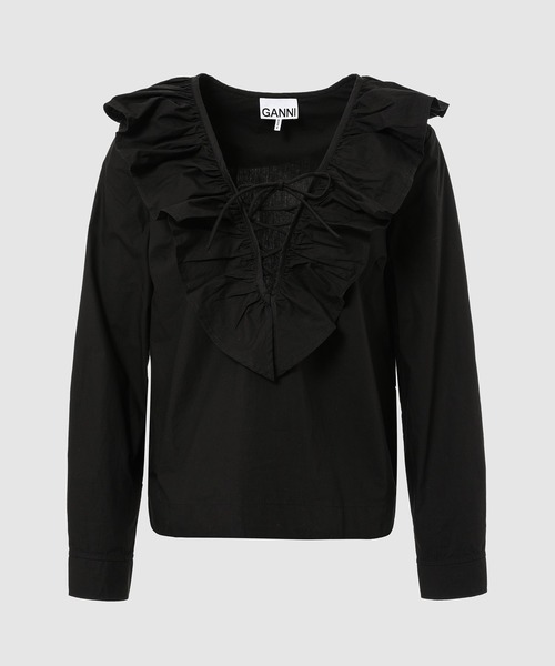 GANNI（ガニー）の「GANNI/ガニー COTTON POPLIN RUFFLE V-NECK