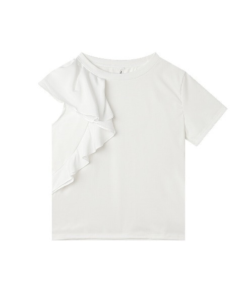 COCOMOMO(ココモモ)の「ラッフルフリルがアクセント ショルダーフリルカットソー アシンメトリー フリル 半袖 Tシャツ カットソー アシメ 半袖Tシャツ きれいめカジュアル 春服 夏服(Tシャツ/カットソー・レディース・ホワイト/ブラック・M/L)」の6枚目の写真