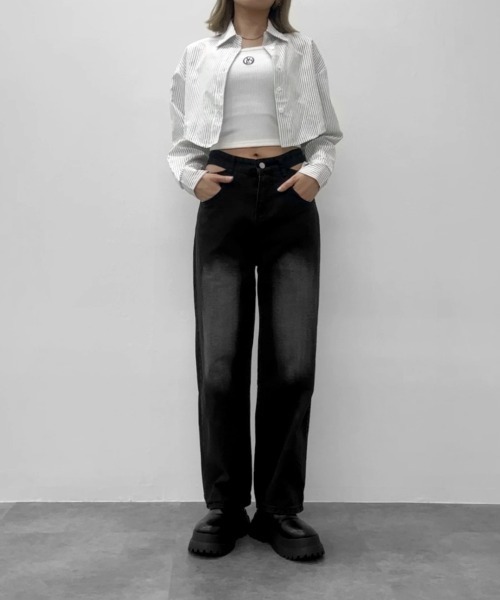 jiasecond.(ジアセカンド)の「【jiasecond.】ウエストカットアウトデニムパンツ / ボトムス 肌見せ ワイド ルーズ ストレート ブラック(デニムパンツ・レディース・ブラック・FREE)」の6枚目の写真