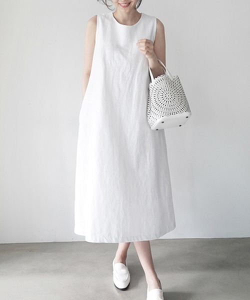 Miniministore（ミニミニストア）の「リネンワンピース ノースリーブ 韓国風 夏服（ワンピース・レディース・ホワイト/イエロー・XL/L/M）」の2枚目の写真