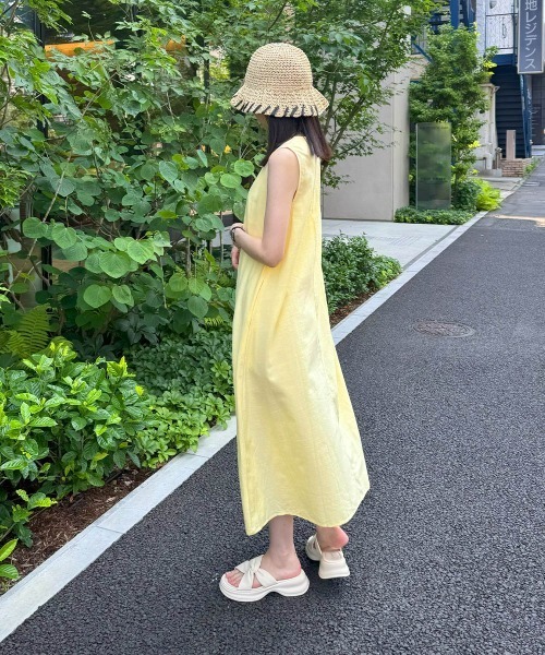 ルネデリー　麻混 装飾 ノースリーブワンピース リネンブレンド 墨色 S ルネデリー 麻混 装飾 ノースリーブワンピース リネンブレンド
