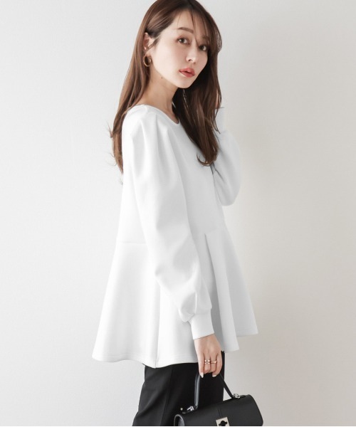 Lajour（ラジュール）の「日本製 タックフレア ペプラムトップス（Tシャツ/カットソー・レディース・ブラック/ベージュ/杢グレー/ホワイト・フリー）」の15枚目の写真