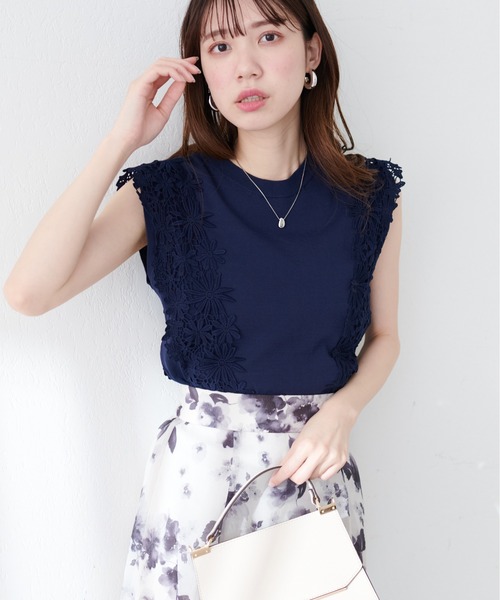 natural couture（ナチュラルクチュール）の「canamiレース×ニットコンビノースリTOPS（キャミソール・レディース・アイボリー/ピンク/ミント/ネイビー・FREE）」の4枚目の写真