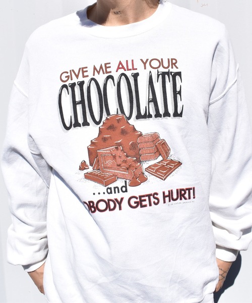 【ヴィンテージ古着】90´s GIVE ME ALL YOUR CHOCOLATE グラフィック プリント クルーネックスウェット USA製