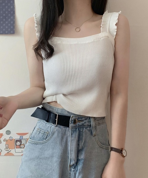 Miniministore(ミニミニストア)の「リブニット トップス スクエアネック(キャミソール・レディース・ベージュ/ホワイト/ブルー/ブラック・FREE)」の2枚目の写真