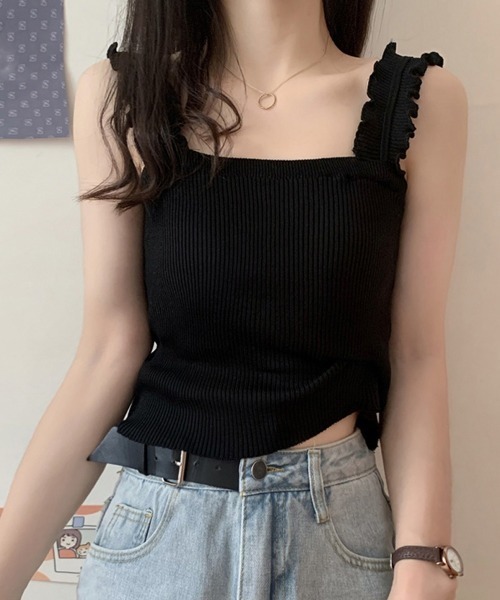 Miniministore(ミニミニストア)の「リブニット トップス スクエアネック(キャミソール・レディース・ベージュ/ホワイト/ブルー/ブラック・FREE)」の3枚目の写真