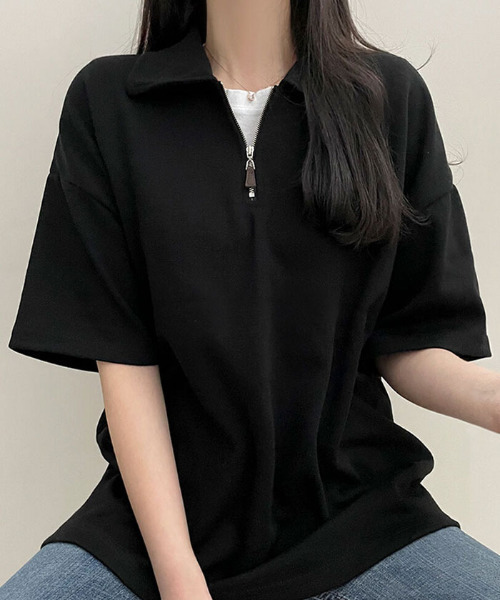 VIVID LADY(ビビッドレディー)の「快適な襟アノラックジッパー半袖Tシャツ(Tシャツ/カットソー・レディース・ブラック/アイボリー/グレー・FREE)」の3枚目の写真