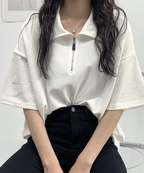 VIVID LADY(ビビッドレディー)の「快適な襟アノラックジッパー半袖Tシャツ(Tシャツ/カットソー・レディース・ブラック/アイボリー/グレー・FREE)」の4枚目の写真