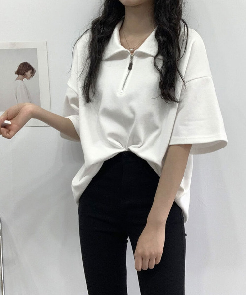 VIVID LADY(ビビッドレディー)の「快適な襟アノラックジッパー半袖Tシャツ(Tシャツ/カットソー・レディース・ブラック/アイボリー/グレー・FREE)」の6枚目の写真