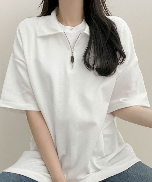 VIVID LADY(ビビッドレディー)の「快適な襟アノラックジッパー半袖Tシャツ(Tシャツ/カットソー・レディース・ブラック/アイボリー/グレー・FREE)」の7枚目の写真