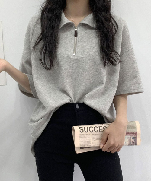VIVID LADY(ビビッドレディー)の「快適な襟アノラックジッパー半袖Tシャツ(Tシャツ/カットソー・レディース・ブラック/アイボリー/グレー・FREE)」の10枚目の写真